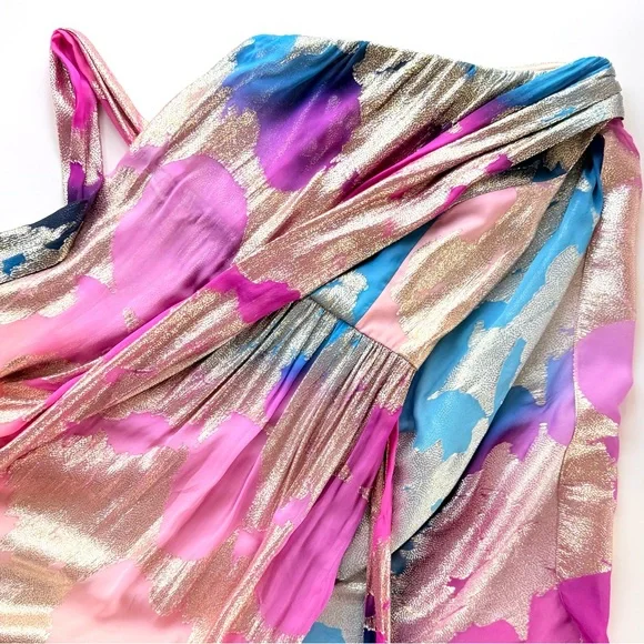 Halston Nisa Gown Printed Fil Coupe Fuschia Turquoise Gold One-Shoulder Dress 4 - Picture 11 of 16